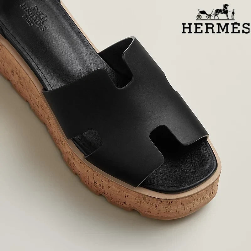 Herm¨¨s Black Calfskin H Cutout Platform Wedge Sandals