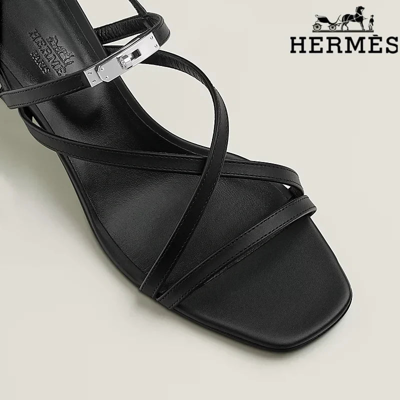 Herm¨¨s Black Calfskin Crisscross Strap Kitten Heel Sandals