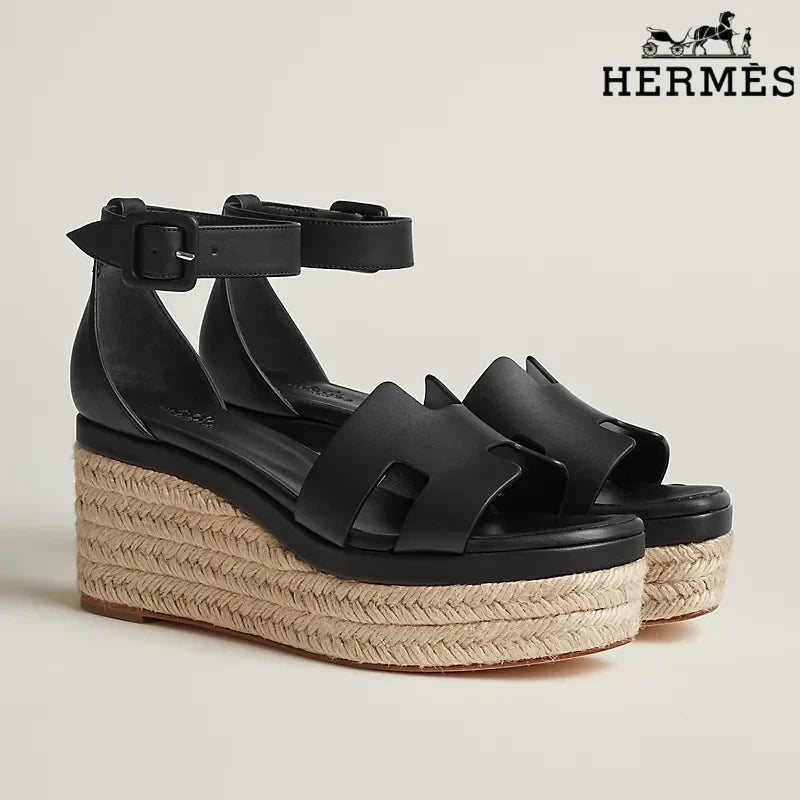 Herm¨¨s Black Leather Wedge Espadrille Sandal