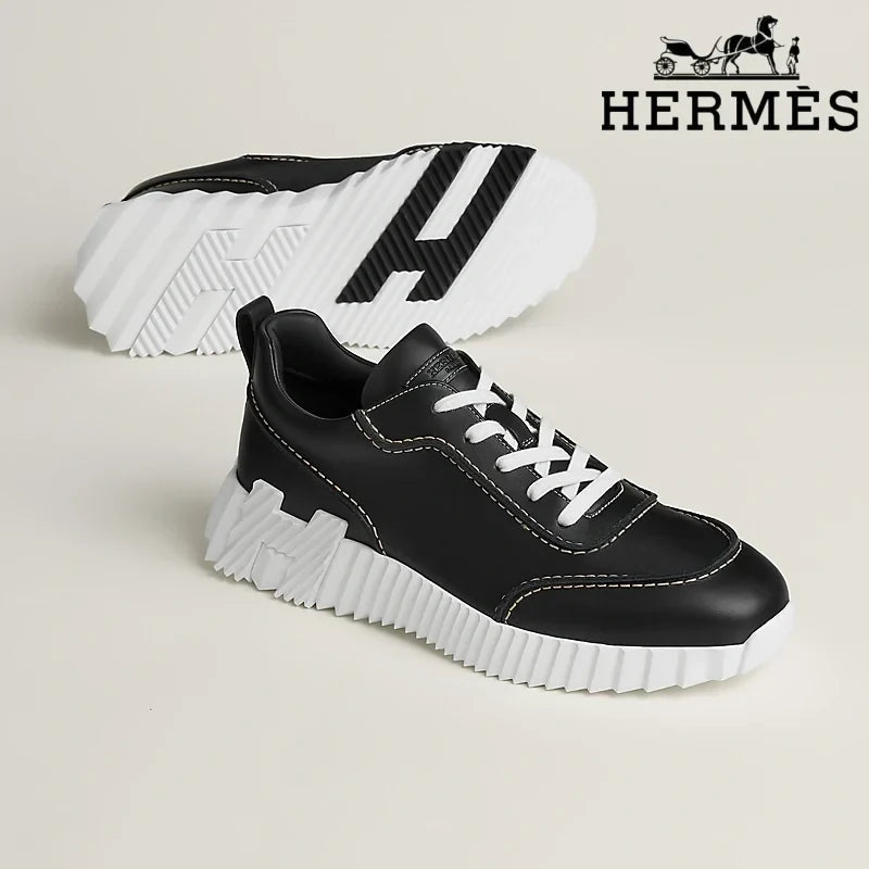 Herm¨¨s Black Leather Ridged Sole Sneakers
