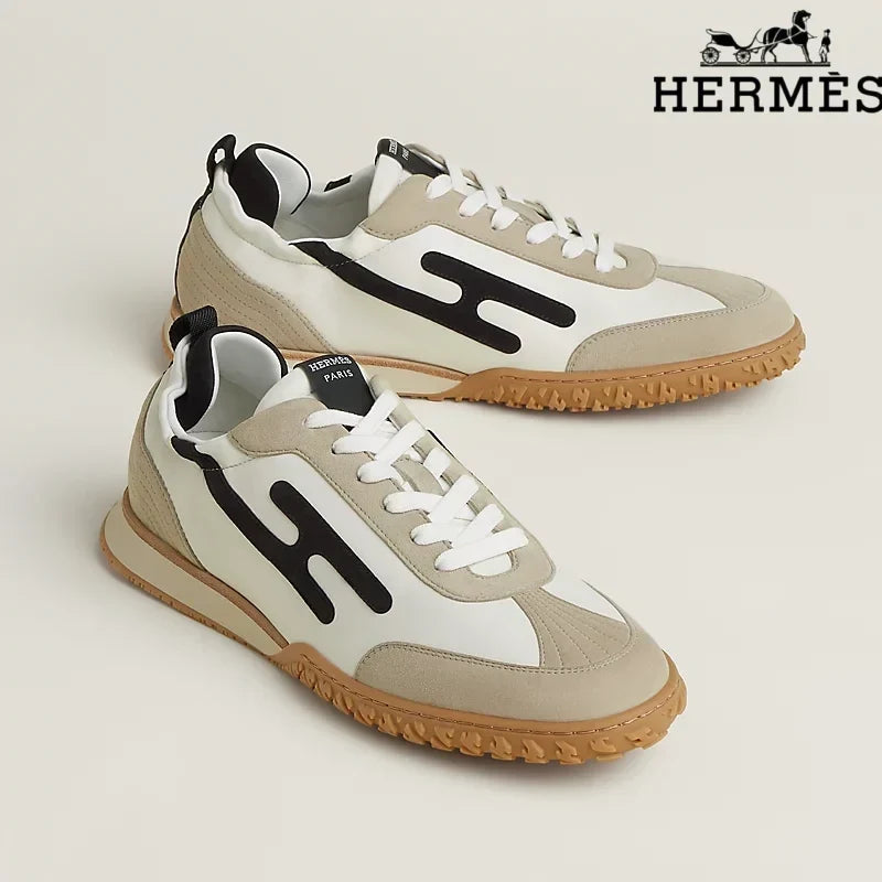 hermes womens shoes men sneaker White, Beige and Black H-Logo Sneakers