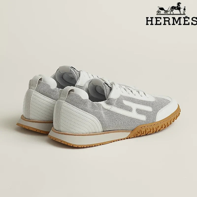 Herm¨¨s womens shoes men sneaker White Mesh and Leather H-Logo Sneakers