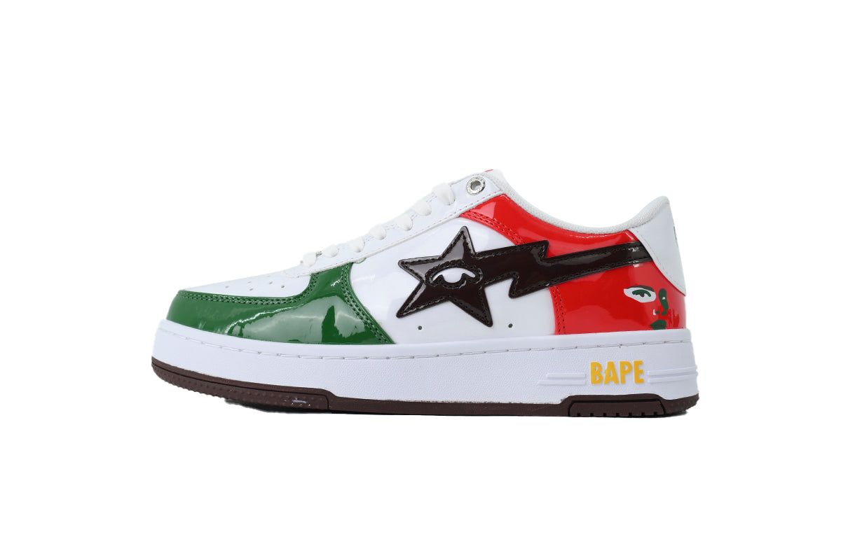 A BATHING APE BAPE STA Glossy Green, Red & White Eye-Graphic Sneakers | Women's & Men's Skate-Inspired Shoes