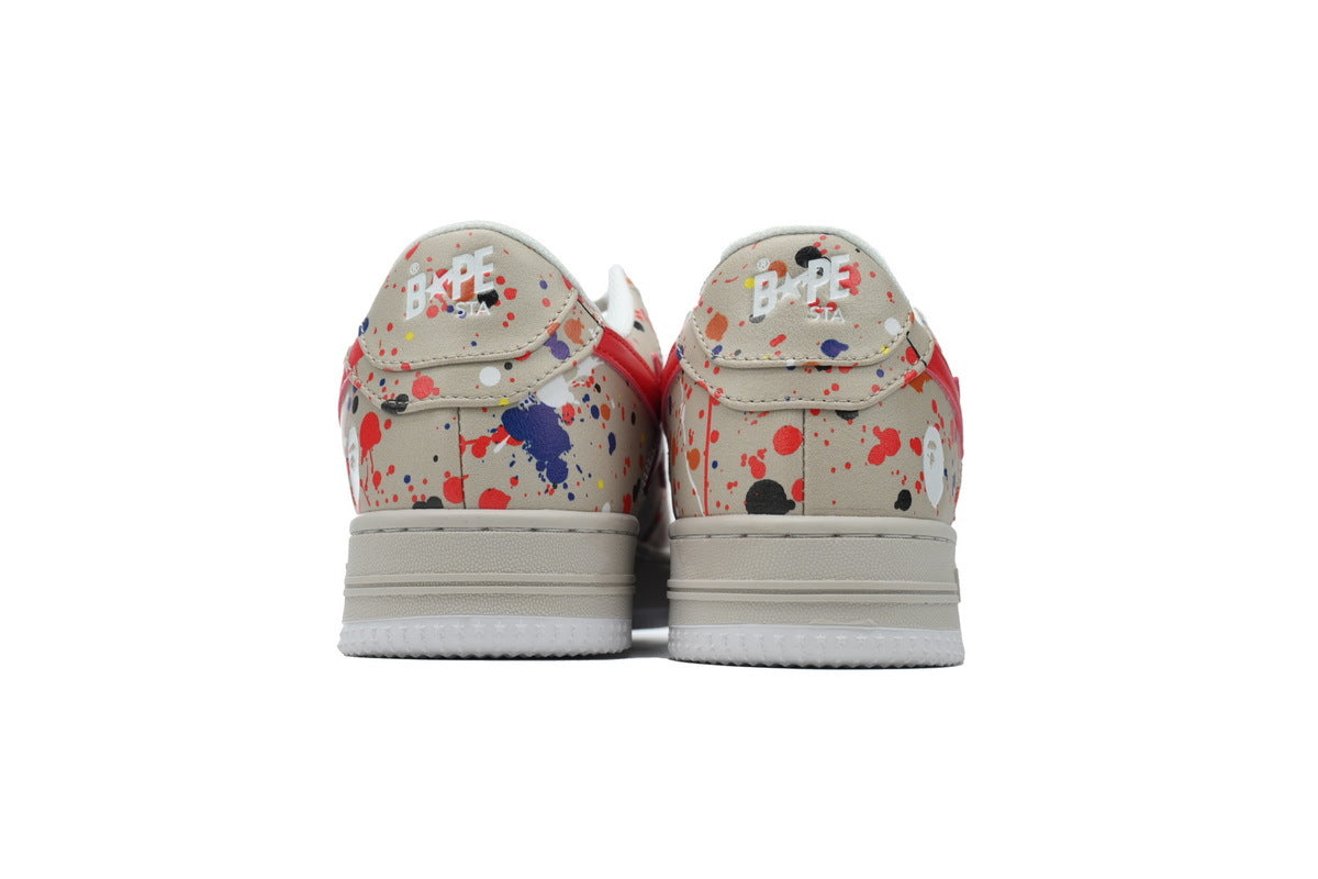 A BATHING APE BAPE STA Cream Paint-Splatter & Red-Star Sneakers | Women's & Men's Skate-Inspired Shoes