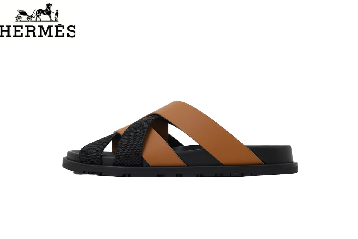 Herm¨¨s   slides Tan Leather and Black Fabric Cross-Strap Slide Sandal