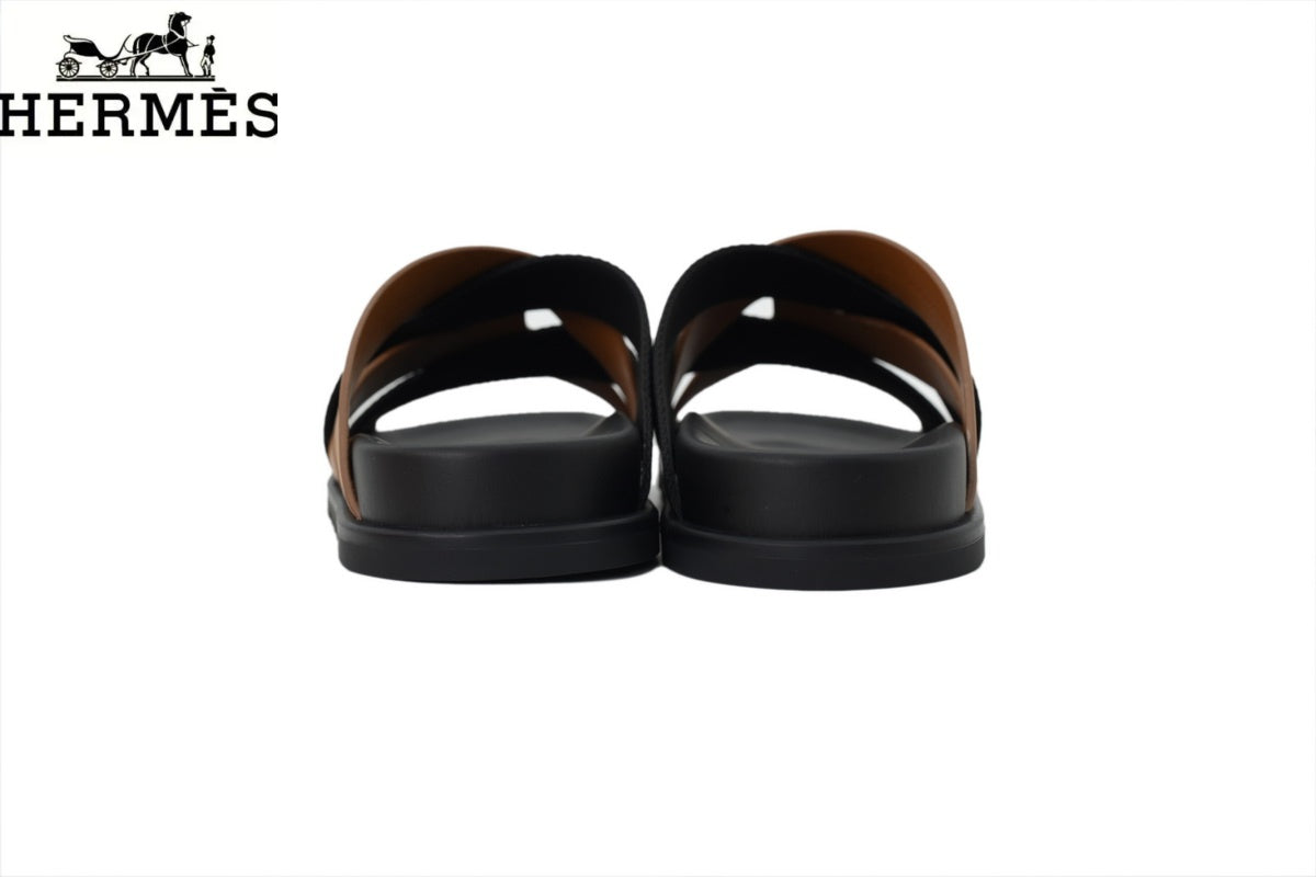 Herm¨¨s   slides Tan Leather and Black Fabric Cross-Strap Slide Sandal