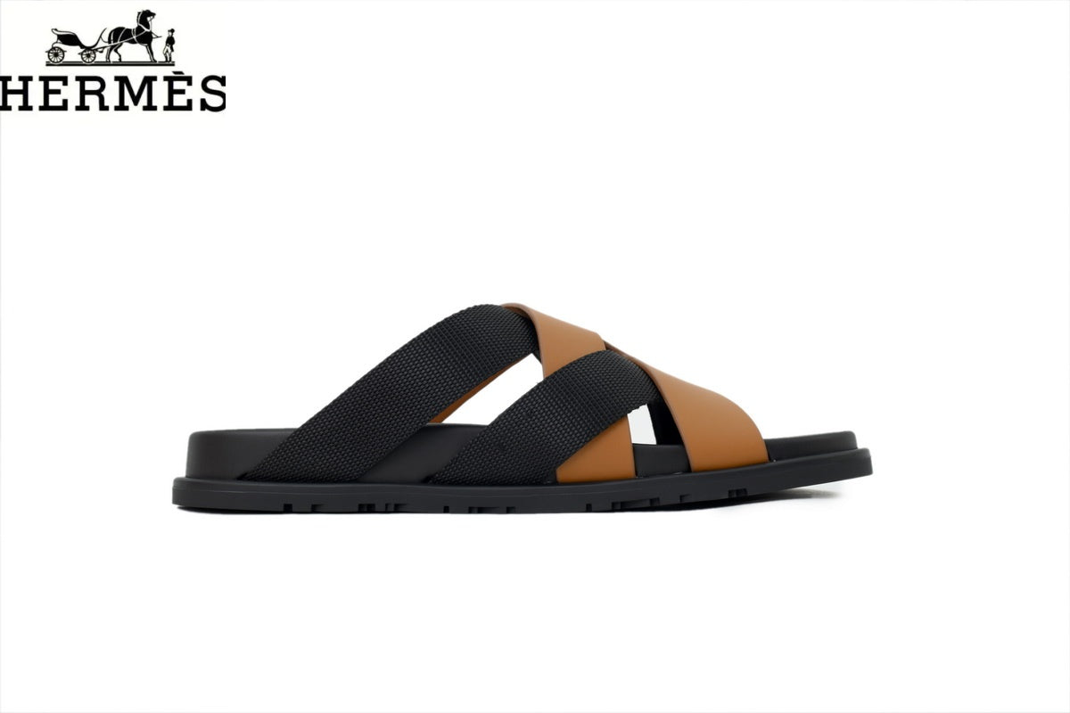 Herm¨¨s   slides Tan Leather and Black Fabric Cross-Strap Slide Sandal