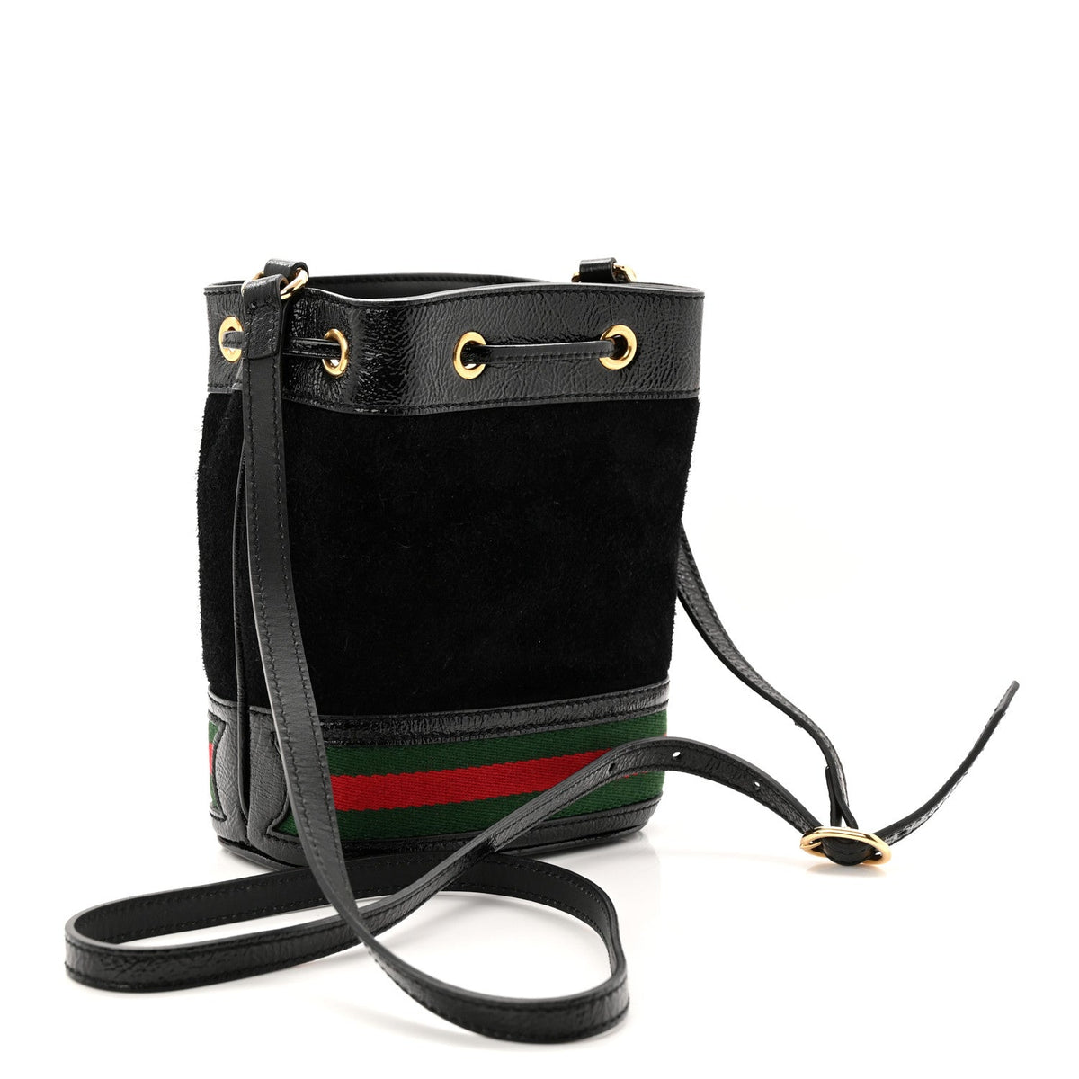 Suede Patent Web Mini Ophidia Bucket Bag Black