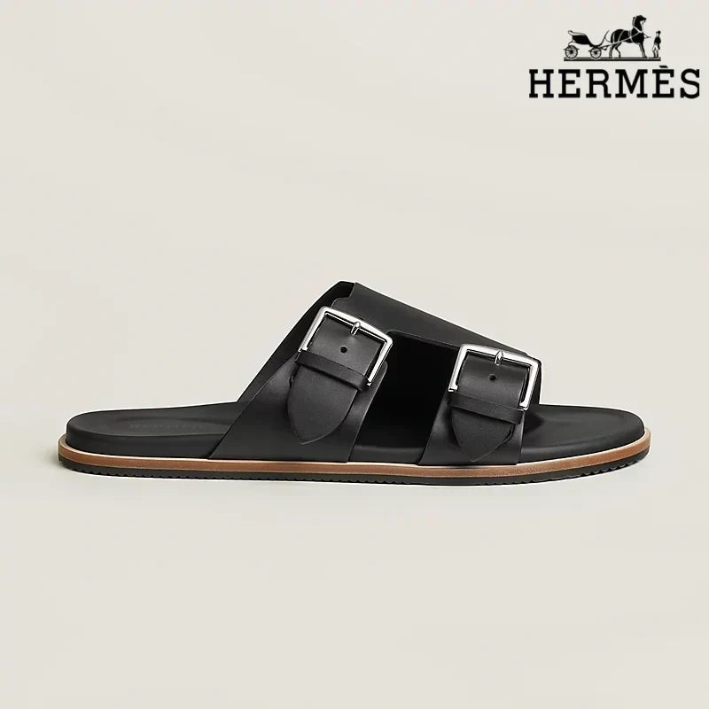 Herm¨¨s Beige Suede Slide Sandals with Double Silver Buckles