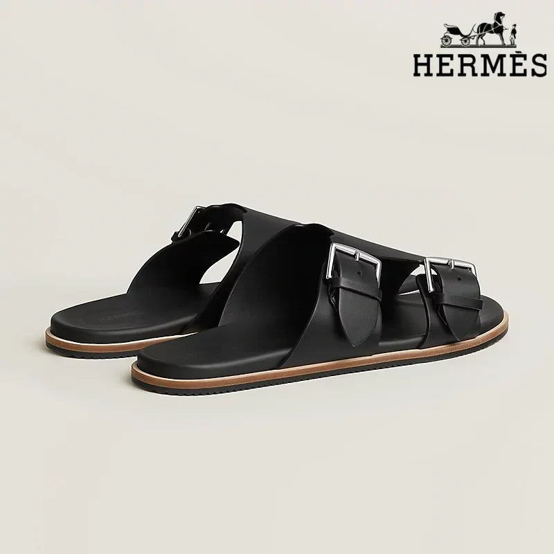 Herm¨¨s Beige Suede Slide Sandals with Double Silver Buckles