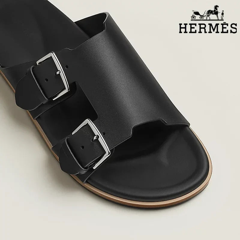 Herm¨¨s Beige Suede Slide Sandals with Double Silver Buckles