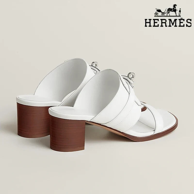 Herm¨¨s White Smooth female shoes Leather Heeled Slide Sandals with Silver Kelly Buckle