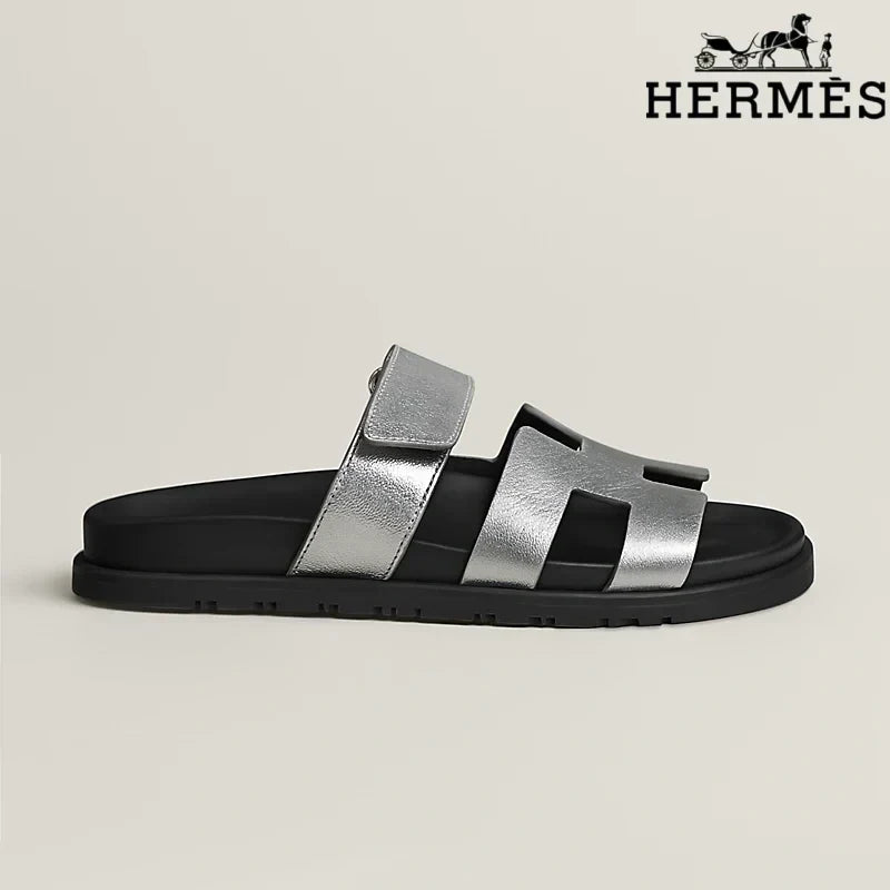 Herm¨¨s Silver Metallic Leather H Cutout Slide Sandals