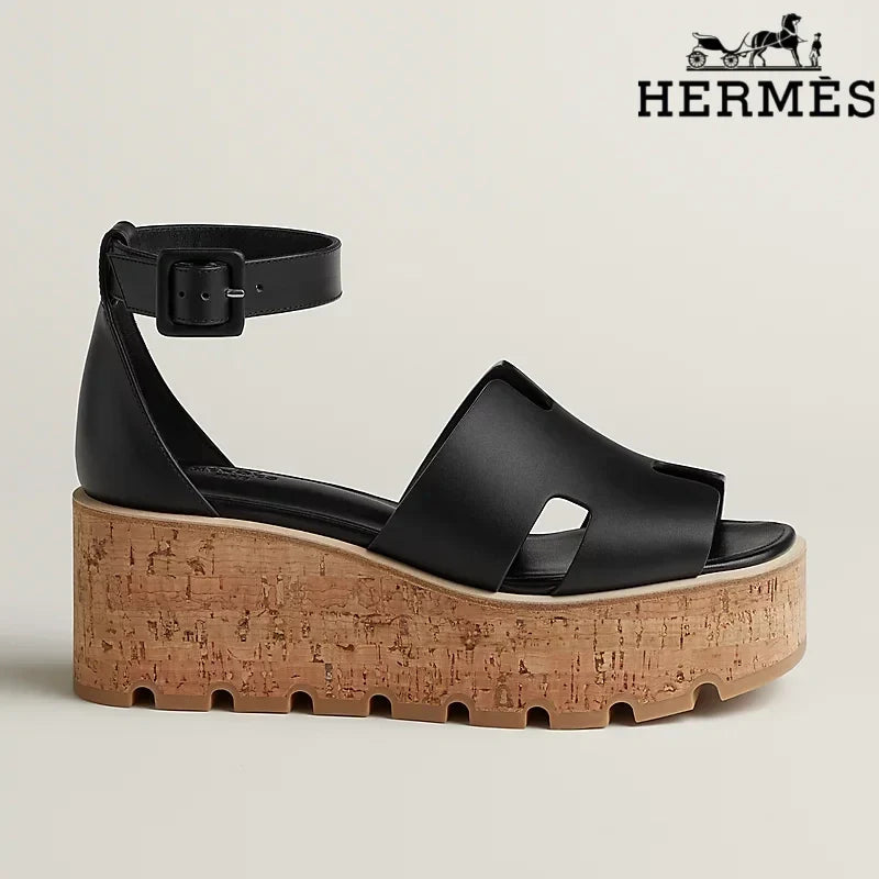 Herm¨¨s Black Calfskin H Cutout Platform Wedge Sandals