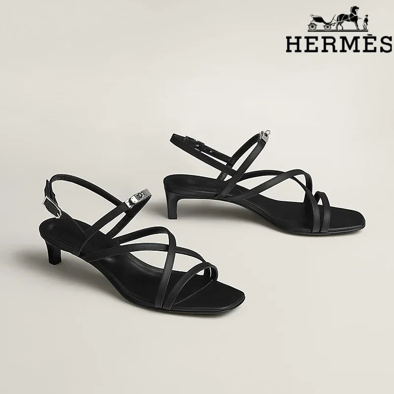 Herm¨¨s Black Calfskin Crisscross Strap Kitten Heel Sandals