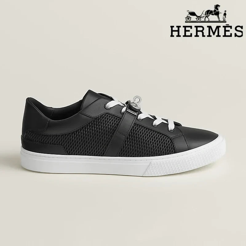 Herm¨¨s Black Leather Mesh Low Top Sneakers