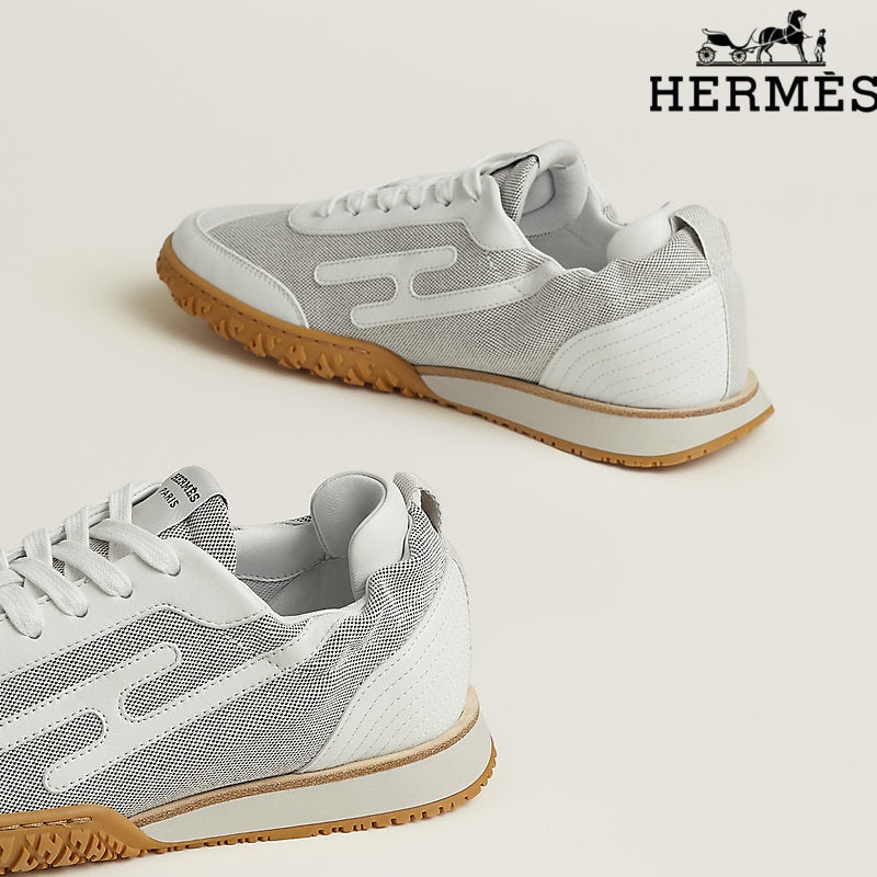 Herm¨¨s womens shoes men sneaker White Mesh and Leather Sneakers with H-Logo