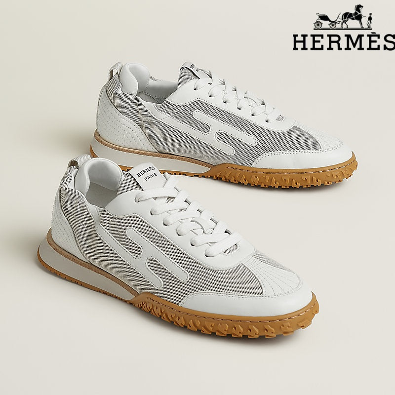 Herm¨¨s womens shoes men sneaker White Mesh and Leather H-Logo Sneakers