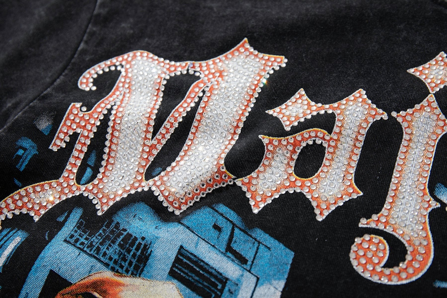 MAJESTIK Washed Black Rhinestone Graphic T-Shirt ¡ª detail