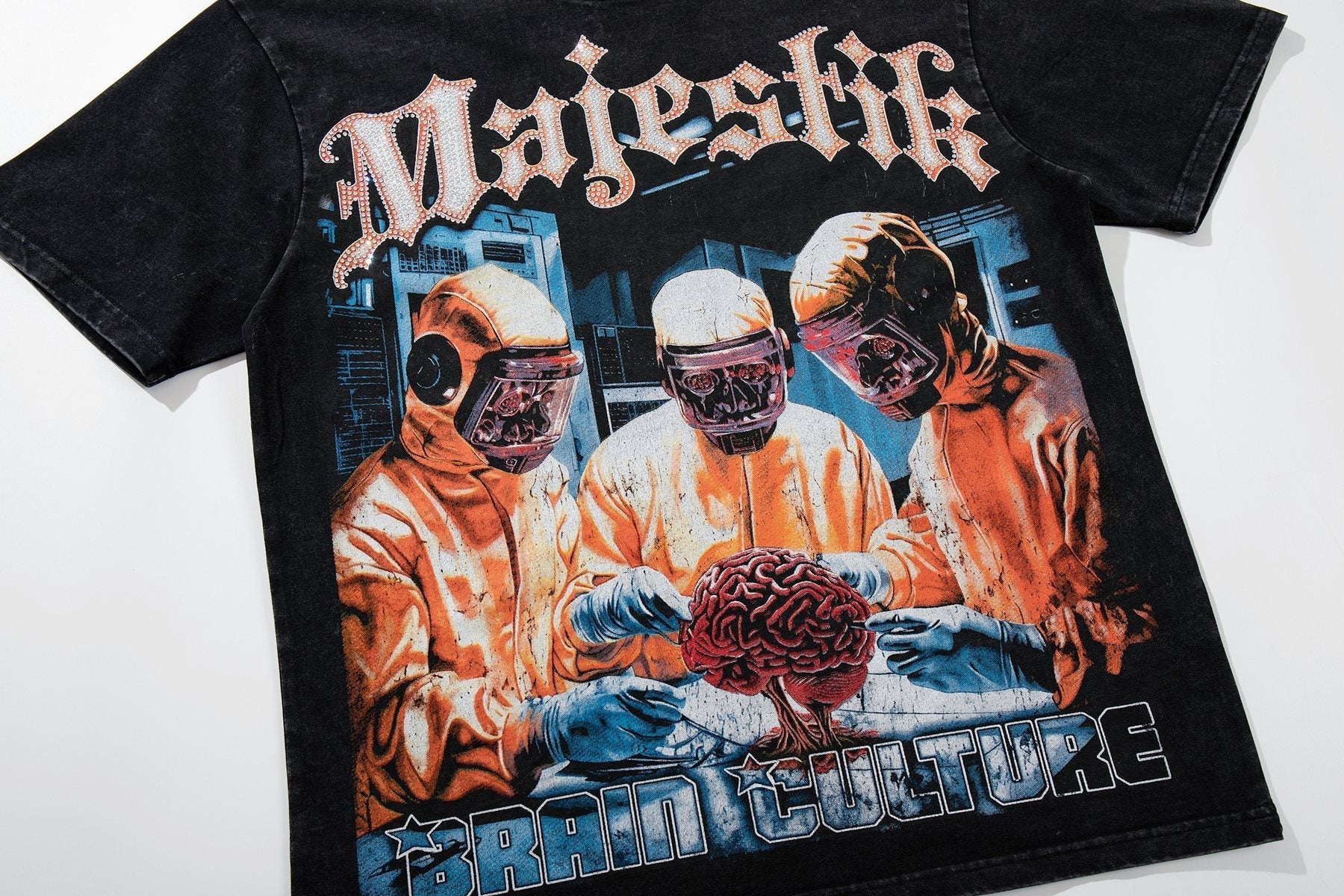 MAJESTIK Washed Black Rhinestone Graphic T-Shirt ¡ª front