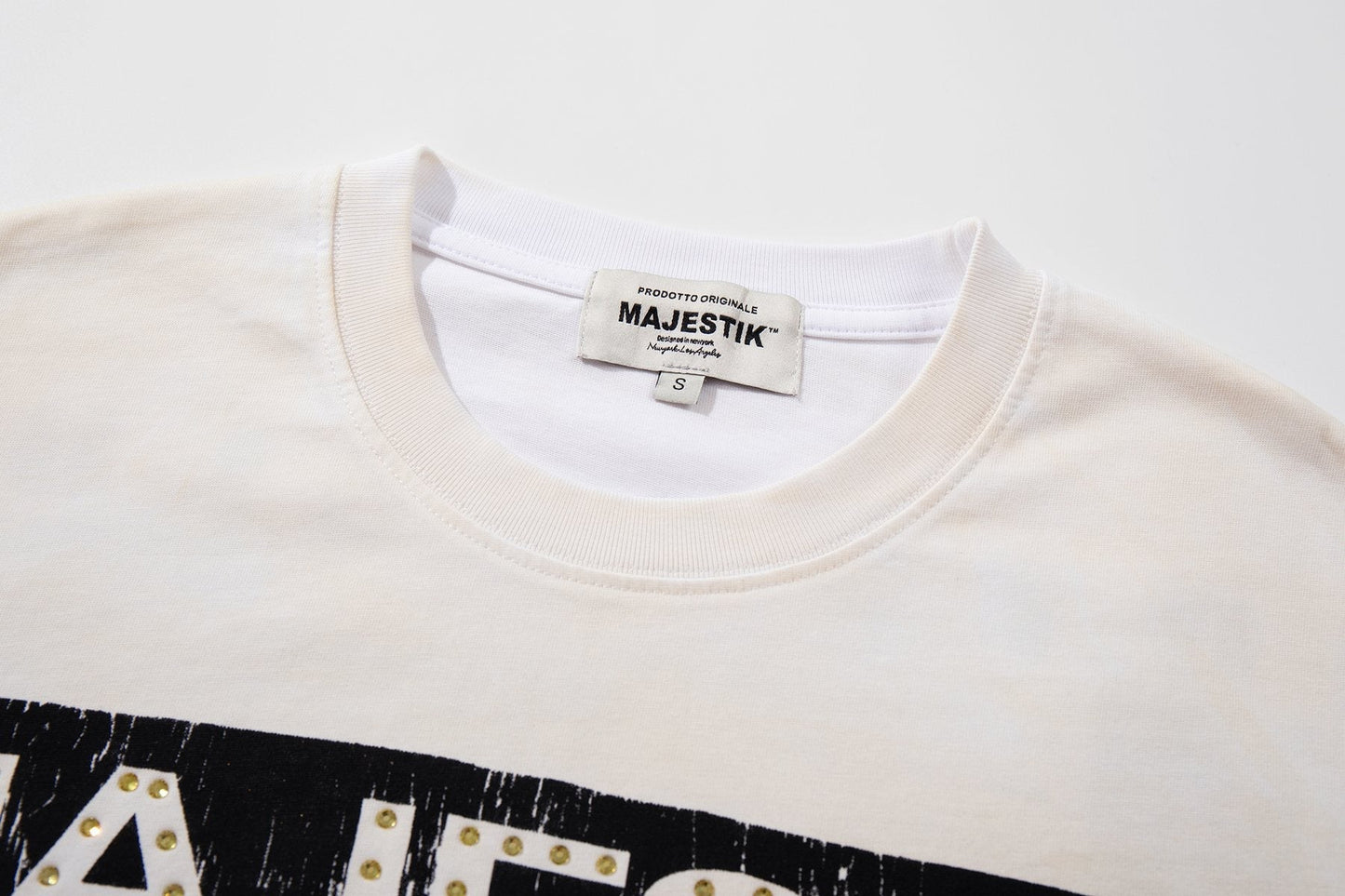 MAJESTIK Distressed Rhinestone Graphic T-Shirt ¡ª neck_label