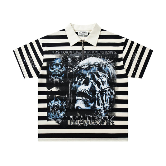 MAJESTIK Skull Graphic Striped Zip-Collar T-Shirt ¡ª hero