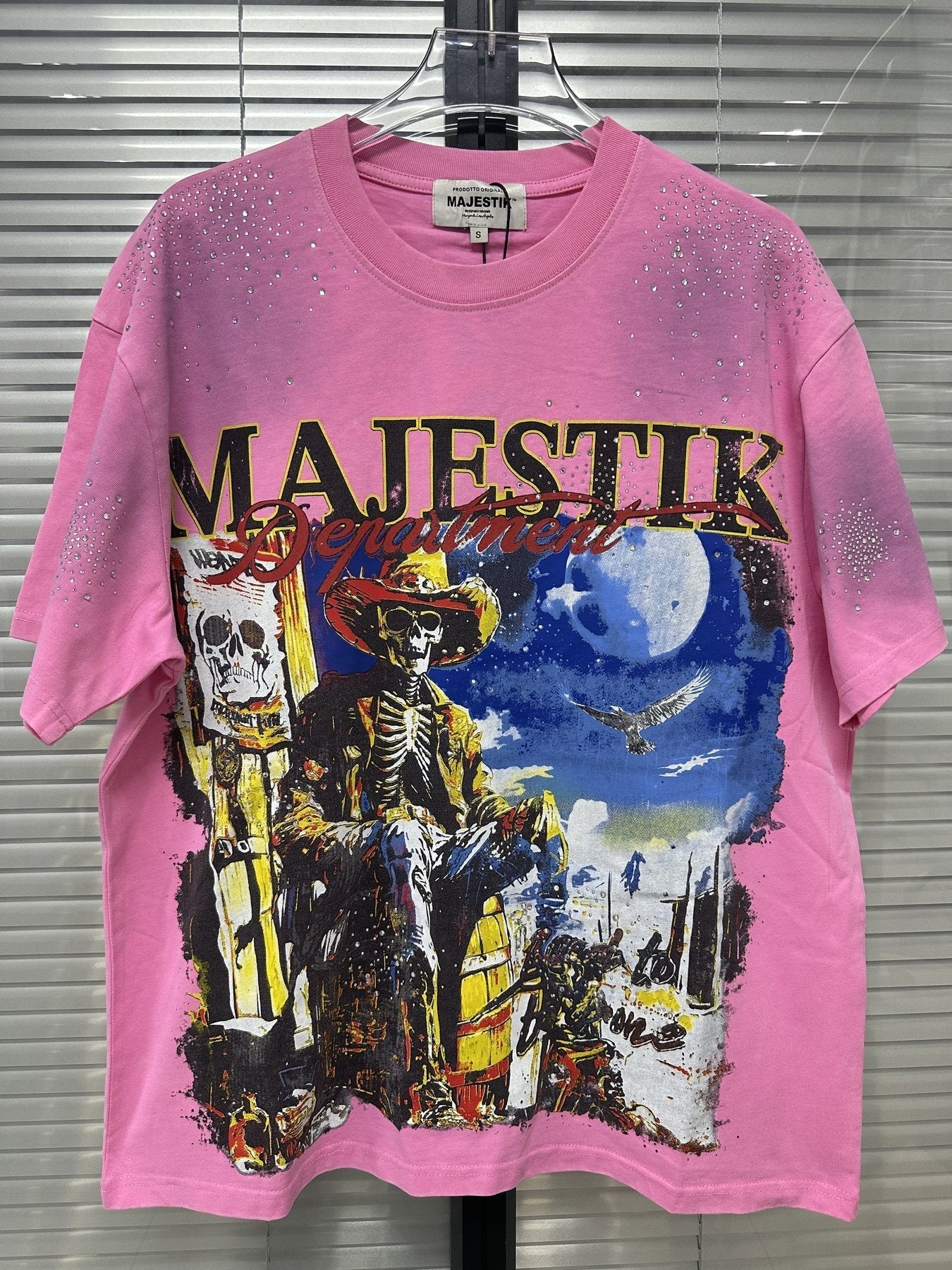 MAJESTIK Pink Rhinestone Distressed Graphic T-Shirt ¡ª context