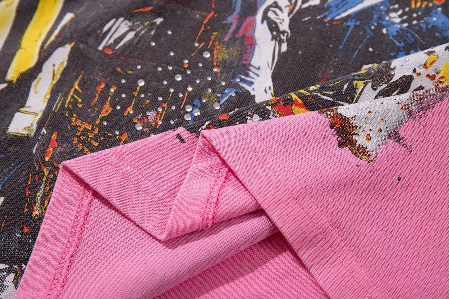 MAJESTIK Pink Rhinestone Distressed Graphic T-Shirt ¡ª detail