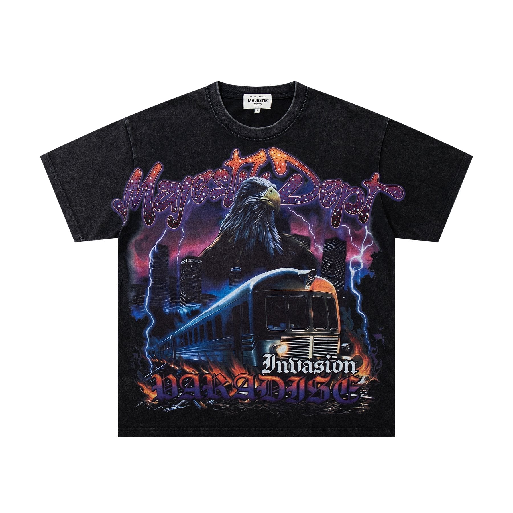 MAJESTIK Washed Black Rhinestone Graphic T-Shirt ¡ª front