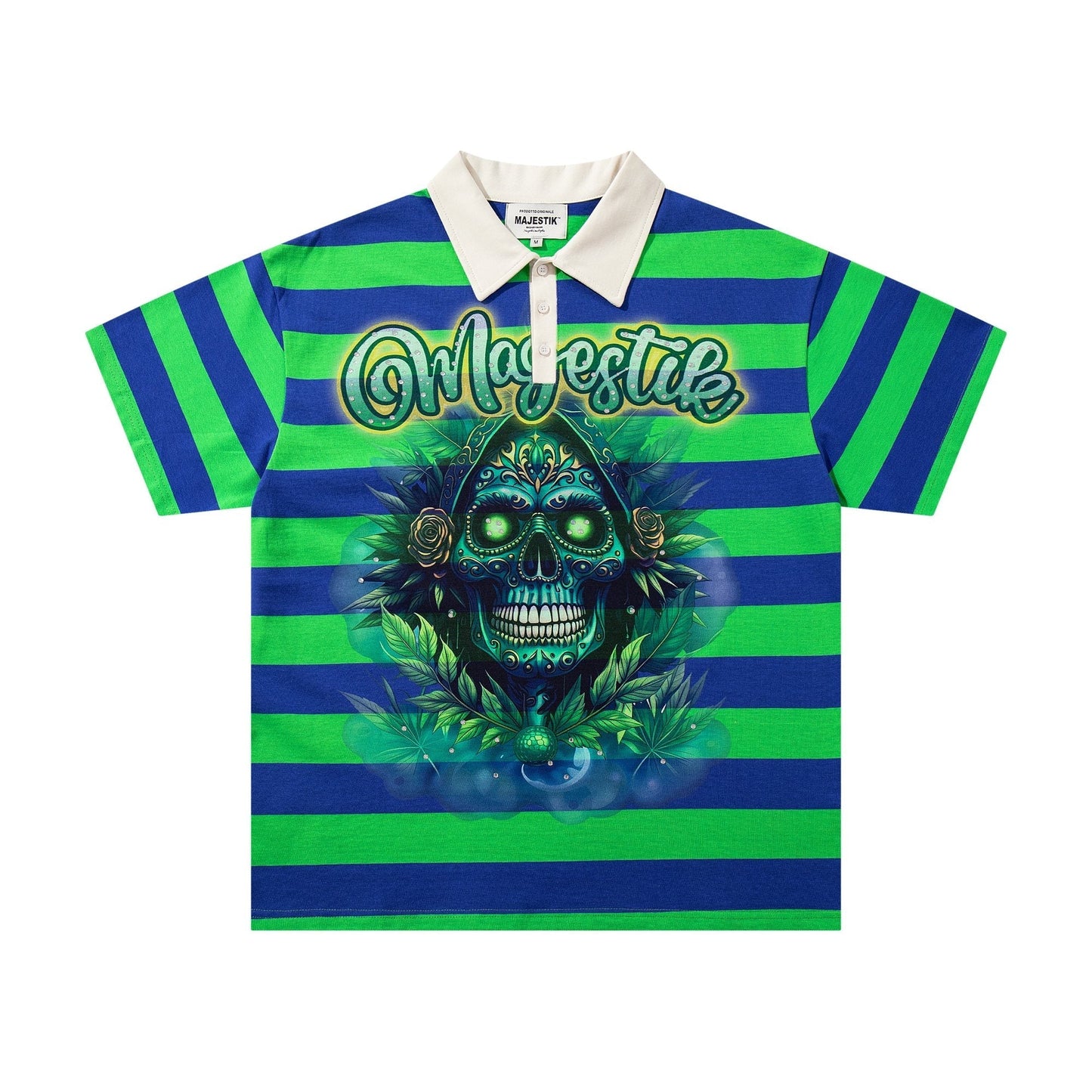 MAJESTIK Green/Blue Striped Skull Graphic Polo Shirt ¡ª hero