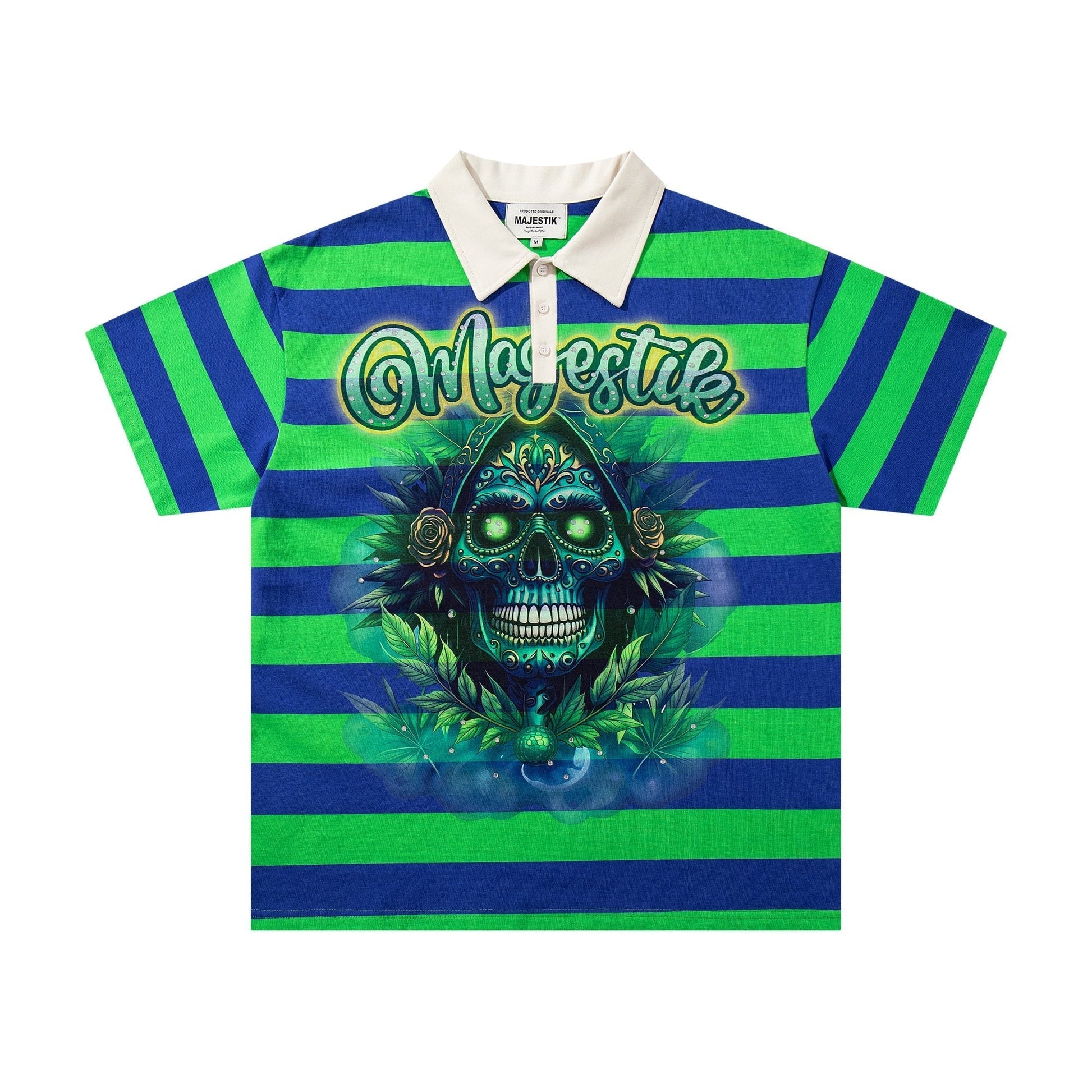 MAJESTIK Green/Blue Striped Skull Graphic Polo Shirt ¡ª hero
