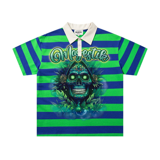 MAJESTIK Green/Blue Striped Skull Graphic Polo Shirt ¡ª hero