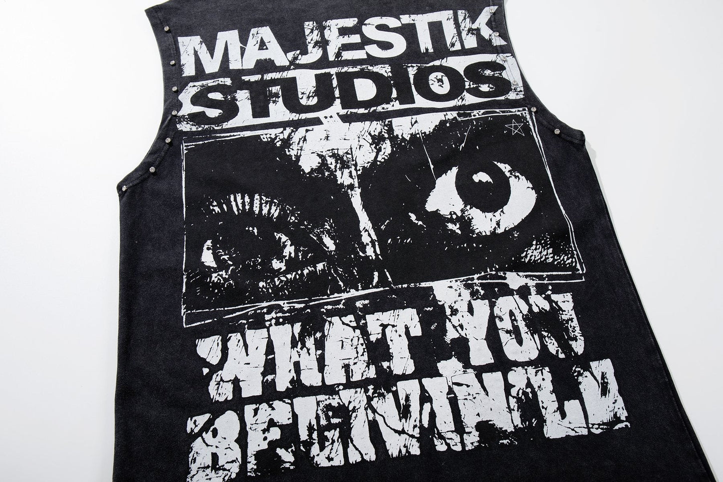 MAJESTIK Washed Black Studded Sleeveless T-Shirt ¡ª detail