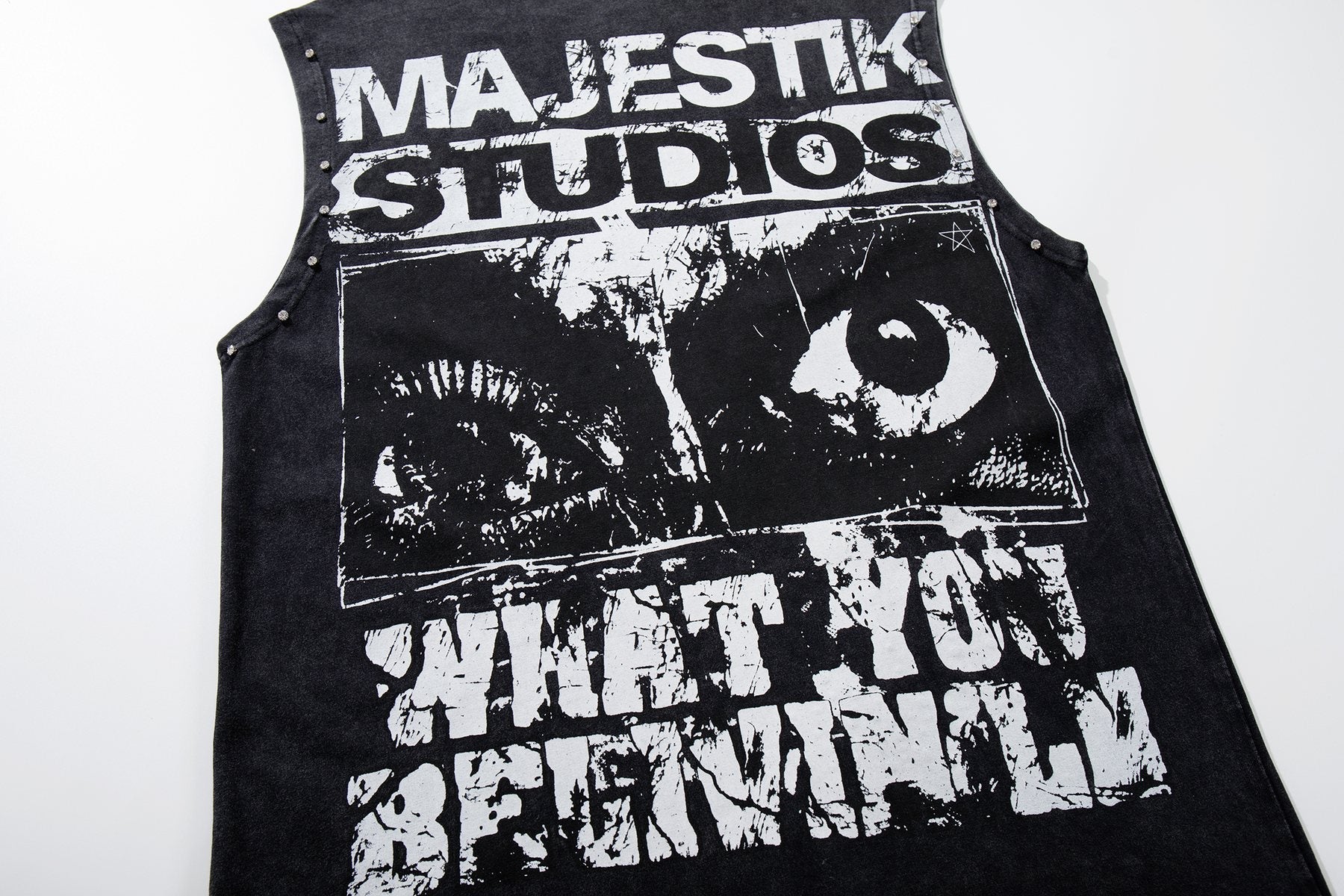 MAJESTIK Washed Black Studded Sleeveless T-Shirt ¡ª detail