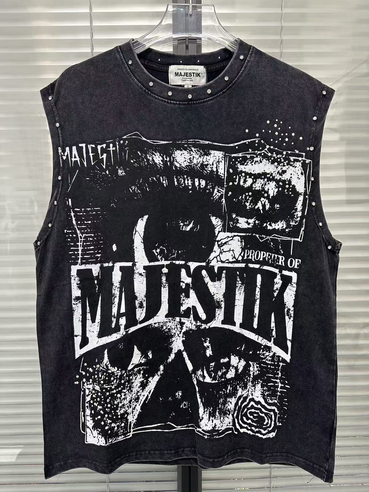 MAJESTIK Washed Black Studded Sleeveless T-Shirt ¡ª front