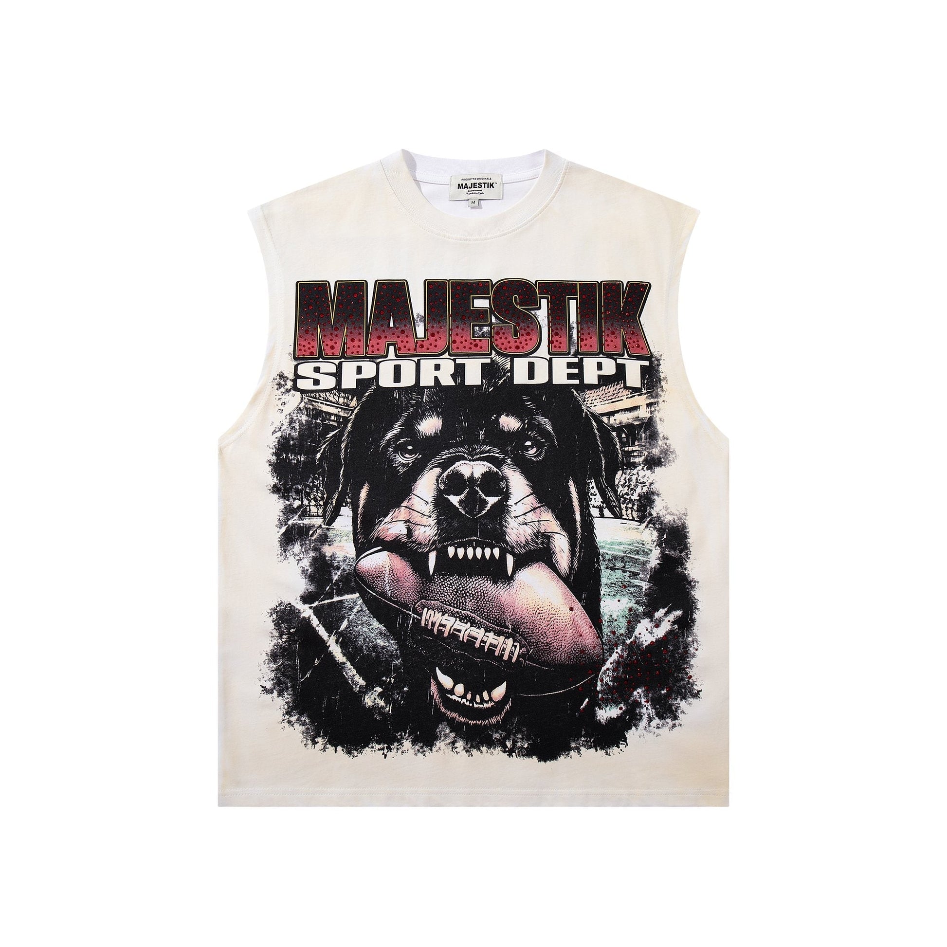 MAJESTIK Cream Distressed Rhinestone Sleeveless T-Shirt ¡ª hero