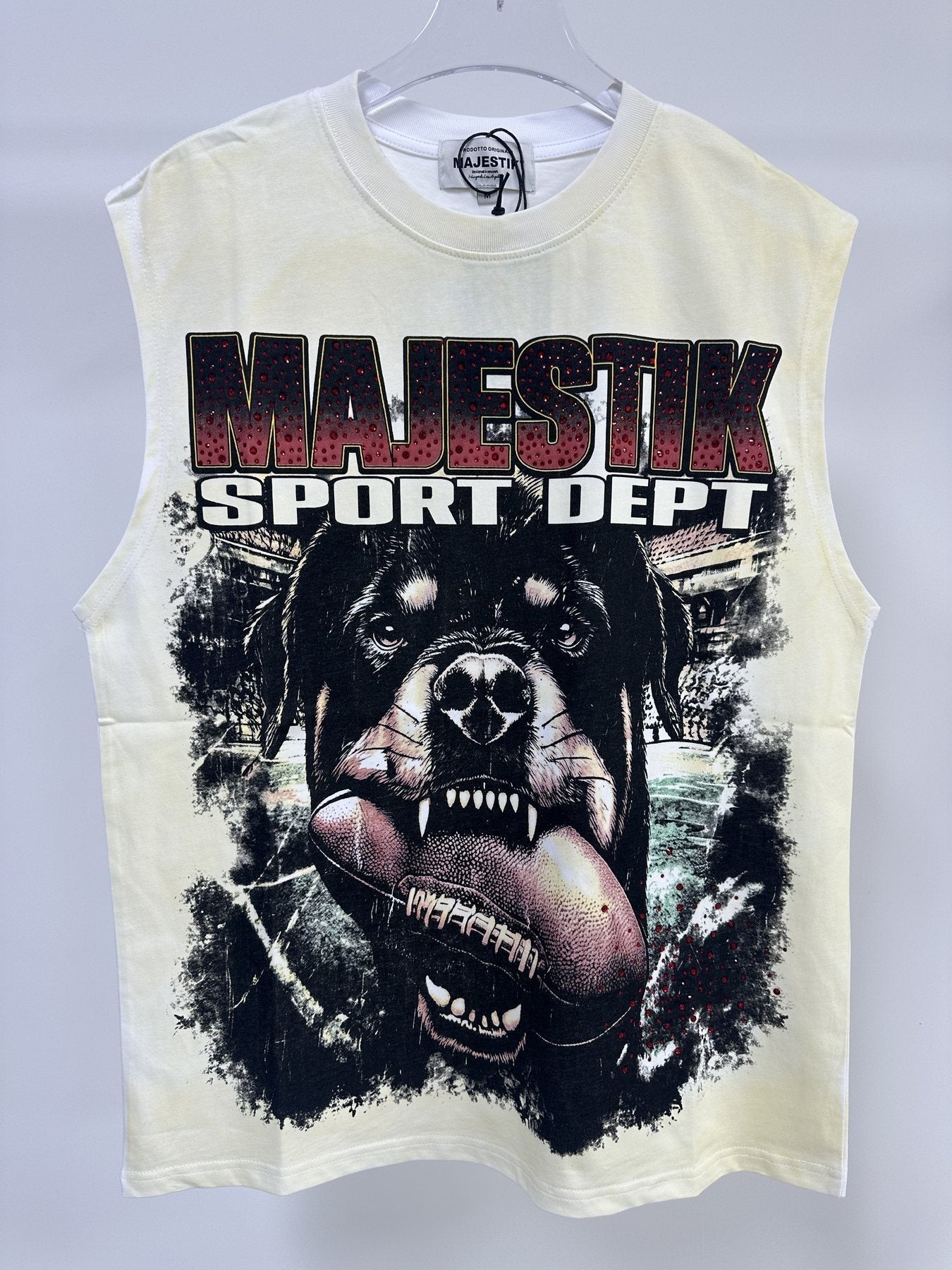 MAJESTIK Cream Distressed Rhinestone Sleeveless T-Shirt ¡ª front