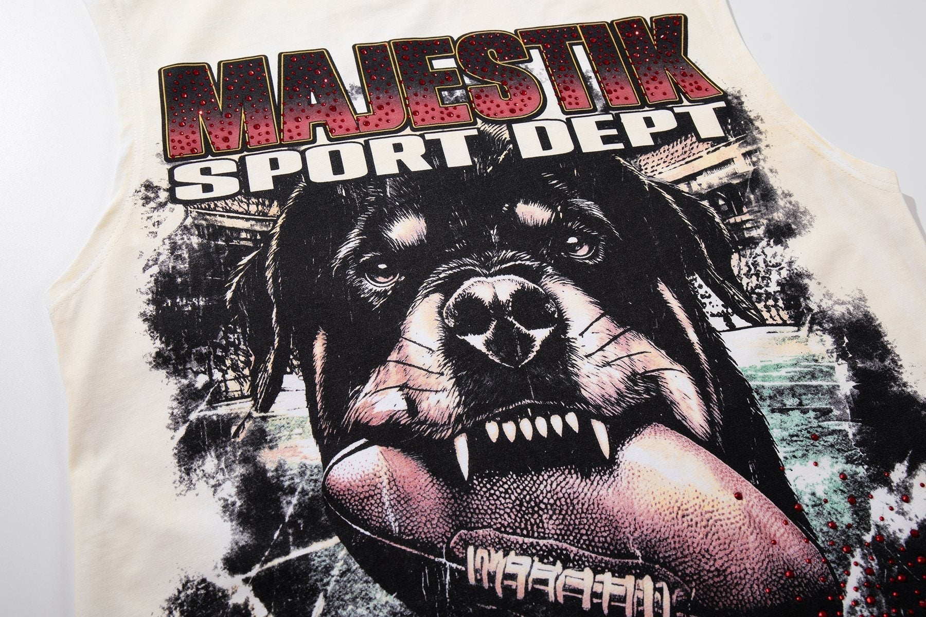 MAJESTIK Cream Distressed Rhinestone Sleeveless T-Shirt ¡ª detail
