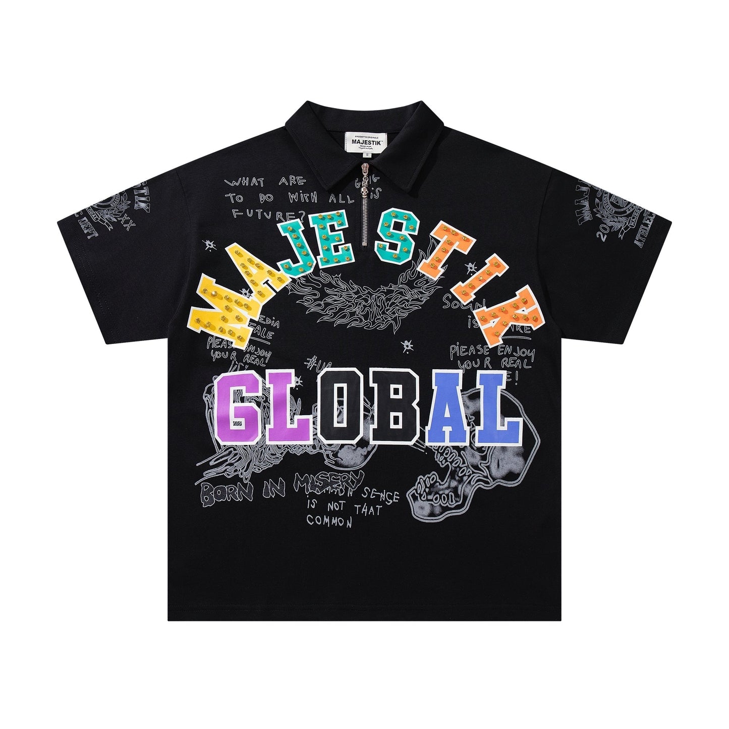 MAJESTIK Embellished Distressed Zip Polo Shirt ¡ª hero