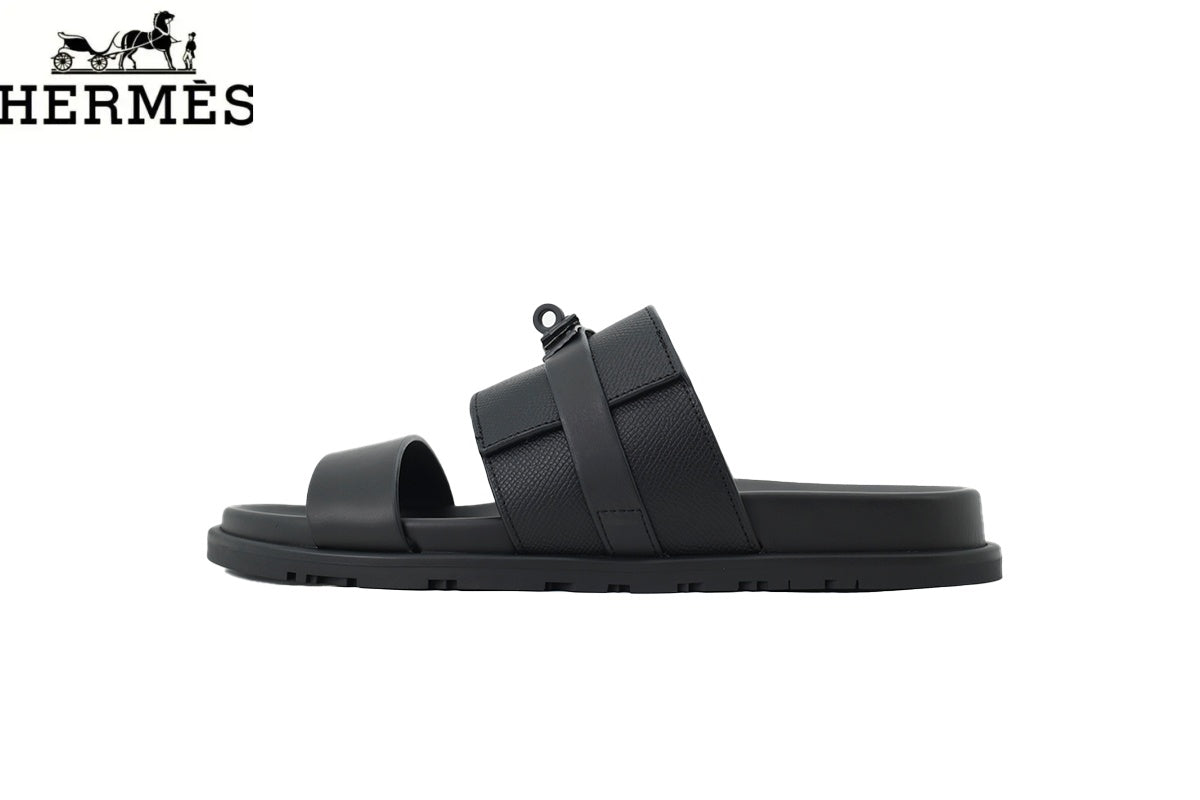 Herm¨¨s Black Leather Dual-Strap Slide Sandal
