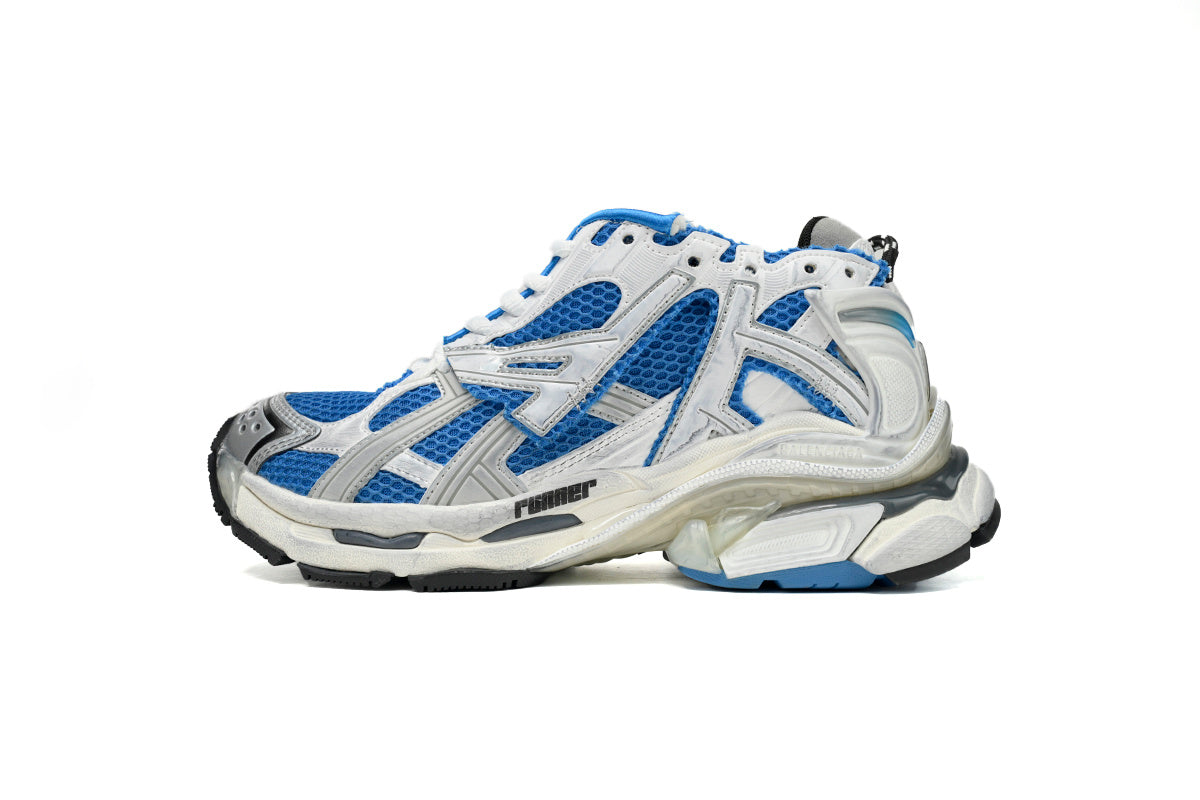 Balenciaga  men's shoes Track  Runner Sneaker ¨C Distressed Low-Top  balenciaga runners White and blue