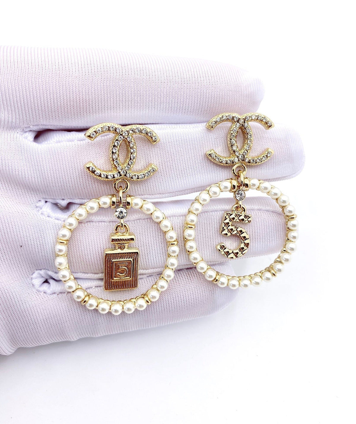 Chanel No. 5 Perfume Pendant 18K Gold Earrings